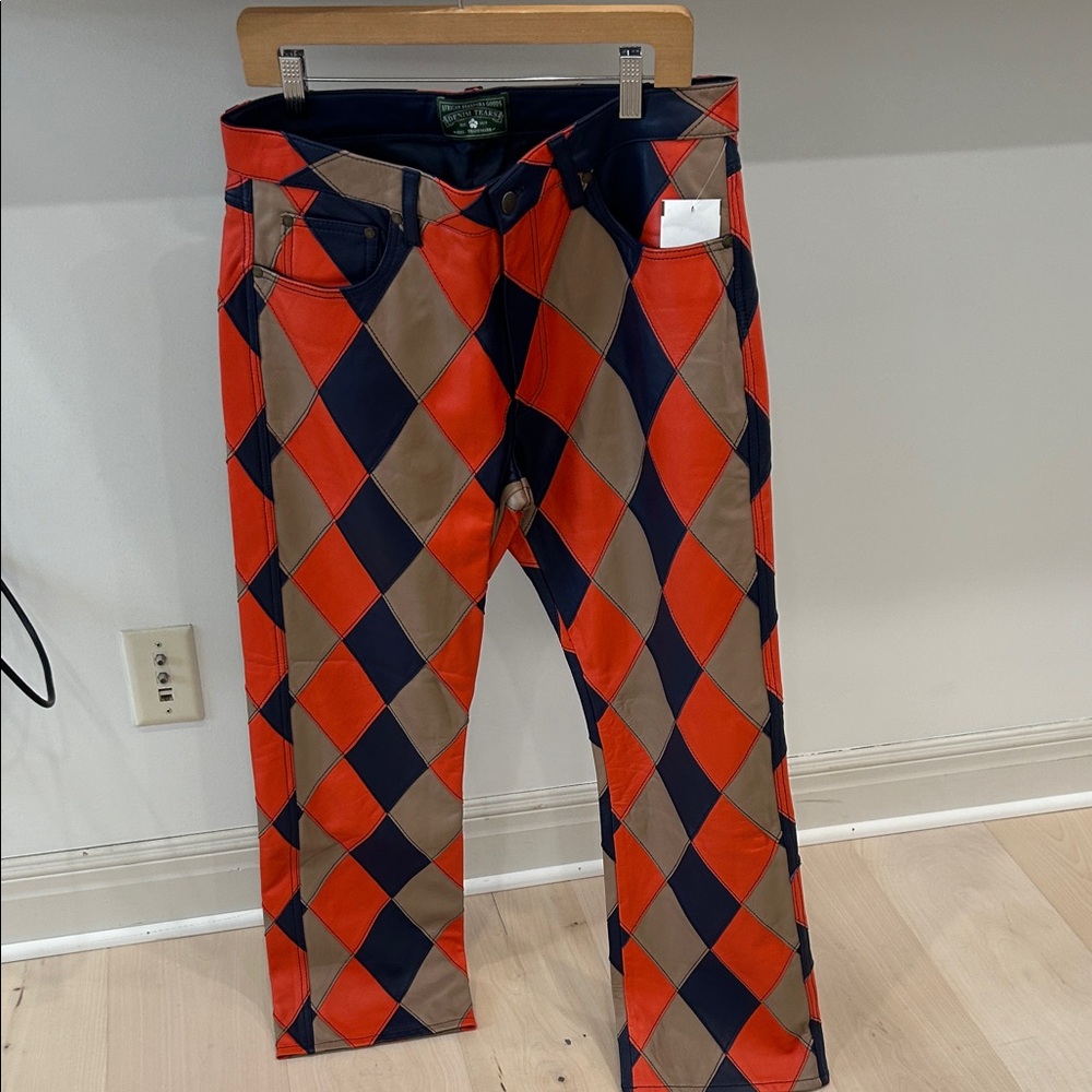 Denim Tears Leather Argyle Pants in Orange, Navy & TanSize M